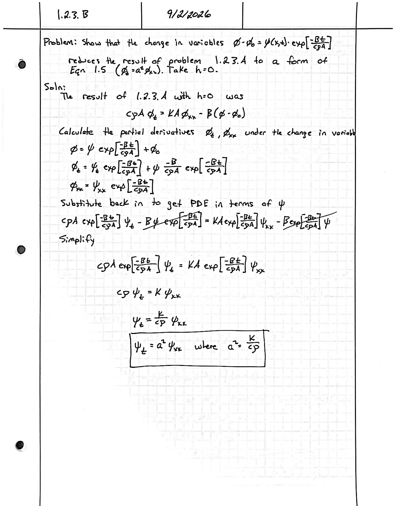 Handwritten solution, page 1 of 1. Show that the substitution φ − φ₀ = ψ e^{−βt/(cρA)} reduces the heat equation for a rod with lateral loss to ψ_t = a²ψ_xx