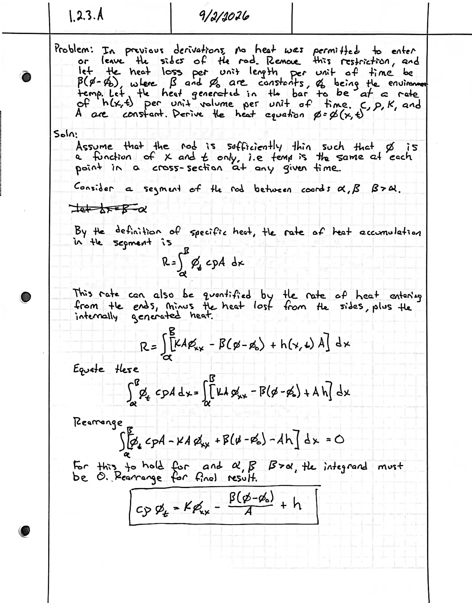 Handwritten solution, page 1 of 1. Derive the heat equation for a rod that loses heat through its sides at rate β(φ − φ₀) and generates heat internally at rate h(x, t)