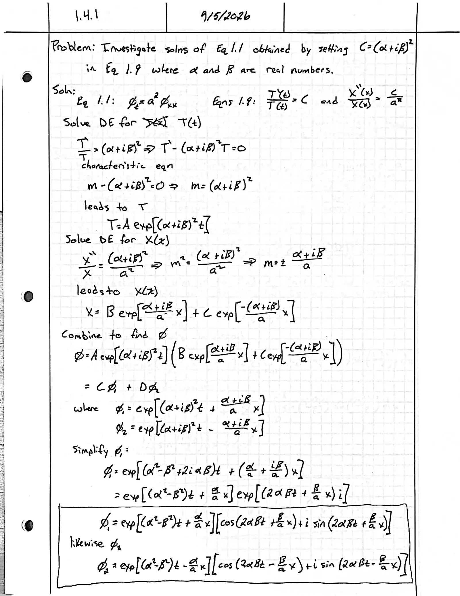 Handwritten solution, page 1 of 1. Find the separated solutions of φ_t = a²φ_xx when the separation constant is (α + iβ)²