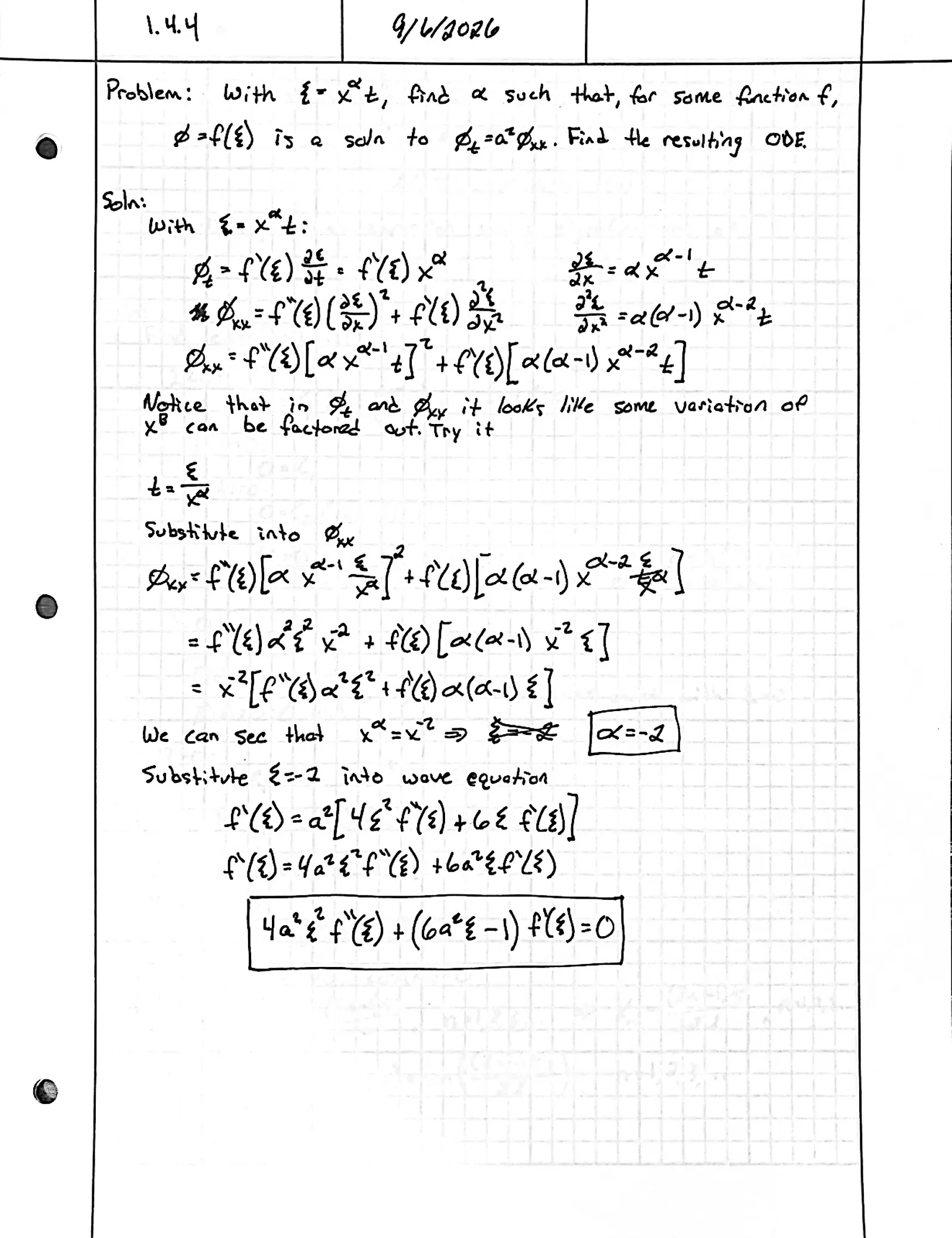Handwritten solution, page 1 of 1. Find α so that φ = f(x^α t) solves φ_t = a²φ_xx, and derive the ODE for f
